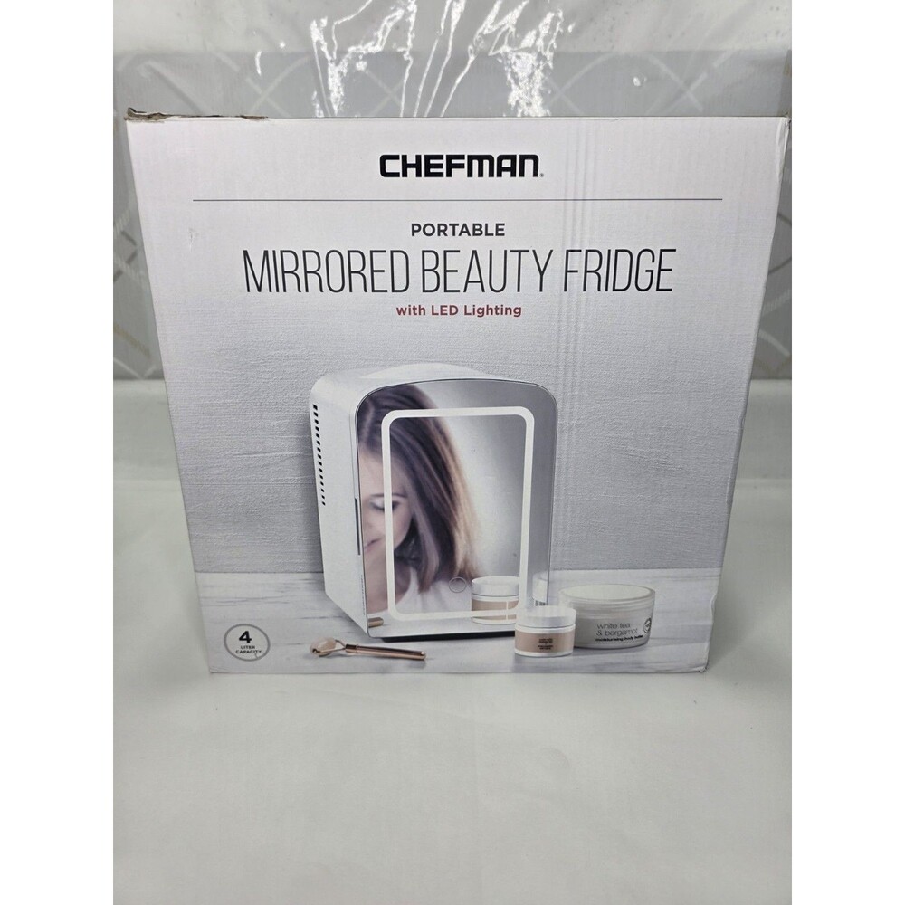 Chefman Portable Mirrored Beauty Fridge with LED Lighting 4L Mini Fridge New